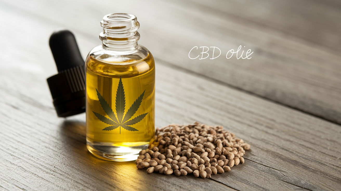 CBD Olie - 7 Voordelen Bij Gebruik van CBD olie (Plus Bijwerkingen) 1 Create a realistic image of a glass dropper bottle filled with golden CBD oil, with a hemp leaf visible on the label, positioned next to a small pile of hemp seeds on a wooden surface, soft lighting highlighting the bottle's contents, and a faint text overlay reading "CBD olie" in the background.