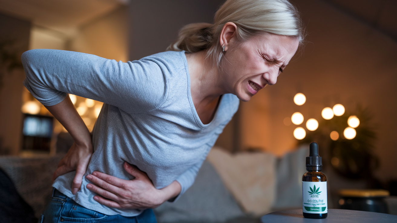 CBD Olie - 7 Voordelen Bij Gebruik van CBD olie (Plus Bijwerkingen) 2 Create a realistic image of a white female in her 40s with a pained expression massaging her lower back, a bottle of CBD oil prominently displayed on a nearby table, warm lighting, muted colors, and a cozy living room setting in the background to convey the concept of pain relief through CBD oil use.