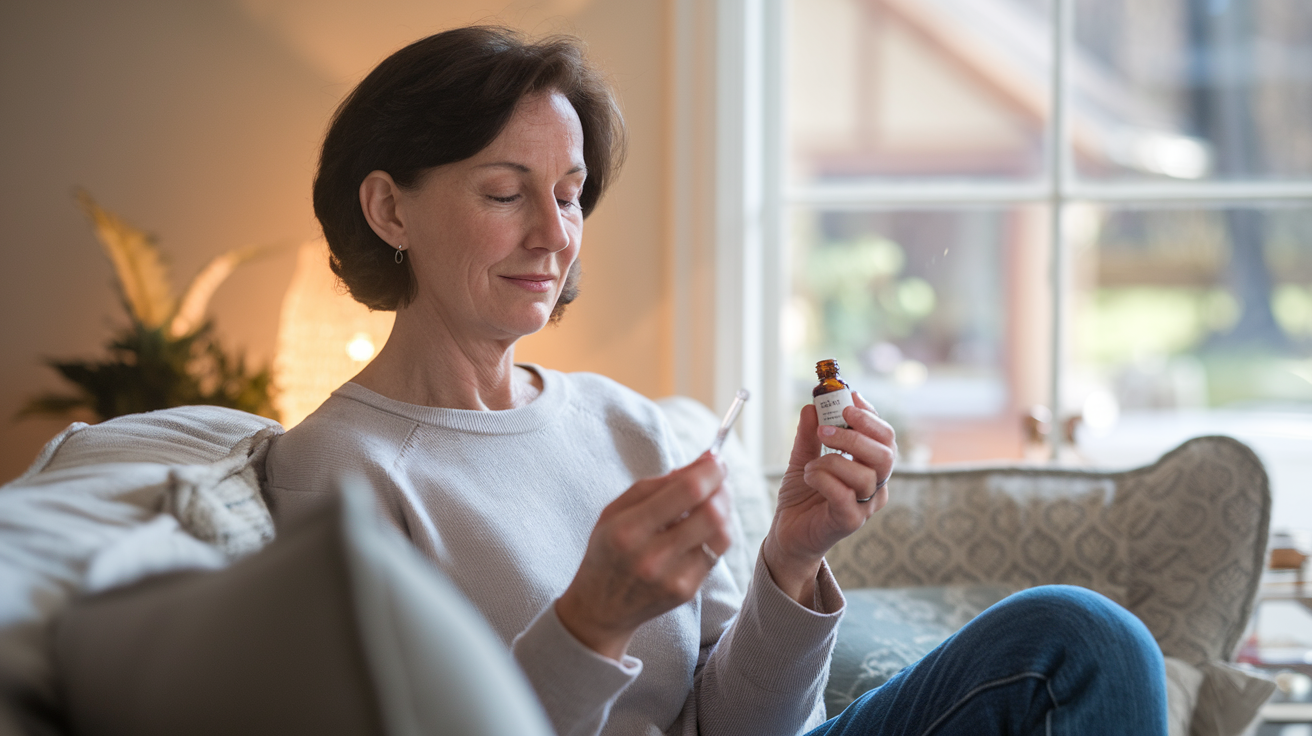 CBD Olie - 7 Voordelen Bij Gebruik van CBD olie (Plus Bijwerkingen) 3 Create a realistic image of a middle-aged white woman looking visibly relaxed, sitting on a comfortable couch, holding a small bottle of CBD oil in one hand and a dropper in the other, with a calm expression on her face, in a cozy living room with soft, warm lighting, and a window showing a serene outdoor scene in the background.