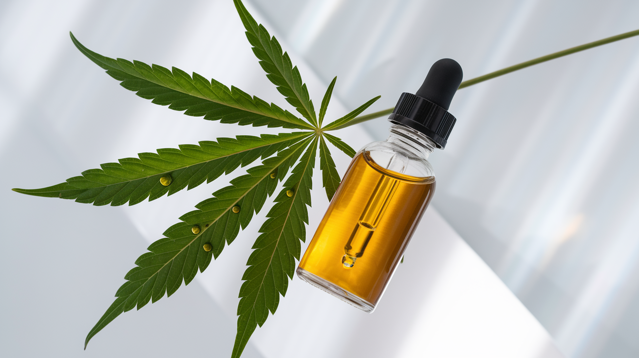 CBD Olie - 7 Voordelen Bij Gebruik van CBD olie (Plus Bijwerkingen) 5 Create a realistic image of a close-up view of a green cannabis leaf with visible oil droplets on its surface, next to a glass dropper bottle filled with amber-colored CBD oil, set against a clean white background with subtle soft shadows, emphasizing the medicinal and anti-inflammatory properties of CBD.