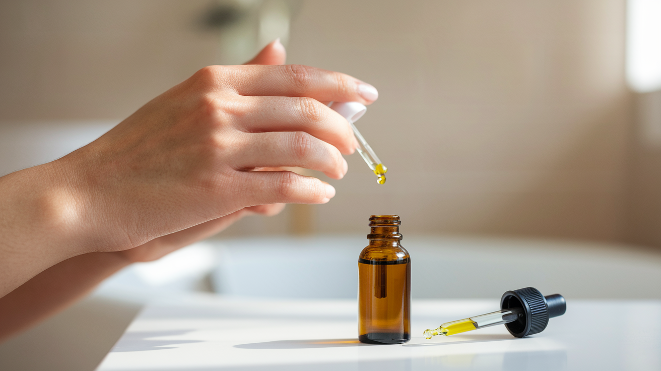 CBD Olie - 7 Voordelen Bij Gebruik van CBD olie (Plus Bijwerkingen) 6 Create a realistic image of a close-up view of a woman's hand applying CBD oil to her face, focusing on smooth, glowing skin. The background should be a soft, blurred bathroom setting with natural light. Include a small glass bottle of CBD oil with a dropper nearby on a white countertop.