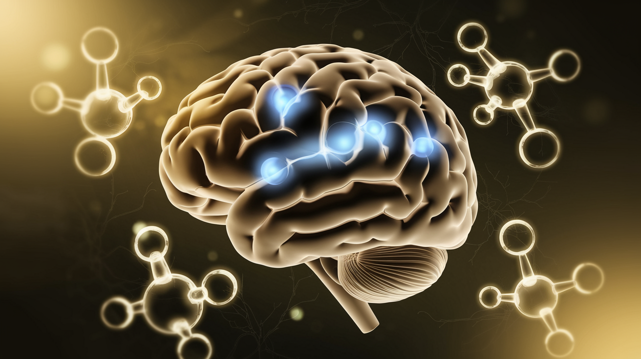 CBD Olie - 7 Voordelen Bij Gebruik van CBD olie (Plus Bijwerkingen) 8 Create a realistic image of a stylized human brain with glowing CBD molecules surrounding it, highlighting specific areas in blue to represent neuroprotection, set against a dark background with subtle neural network patterns, and soft golden light emphasizing the protective nature of CBD.