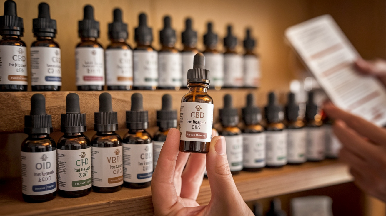 CBD Olie - 7 Voordelen Bij Gebruik van CBD olie (Plus Bijwerkingen) 10 Create a realistic image of a hand holding a dropper bottle of CBD oil against a background of various CBD oil bottles with different labels and concentrations, arranged on a wooden shelf, with a soft focus on a person in the background reading product information, warm lighting emphasizing the bottles' amber color.