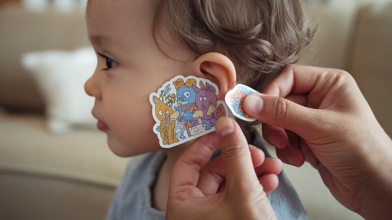Flapoorstickers review - Lees Dit Eerst 2 Create a realistic image of a close-up view of a child's ear with a colorful, cartoon-style sticker attached to it, against a soft-focus background of a living room. The sticker should have a whimsical design, possibly featuring animals or characters. Include a hand holding a second sticker, about to apply it to the ear, suggesting the ease of use and effectiveness of the product.
