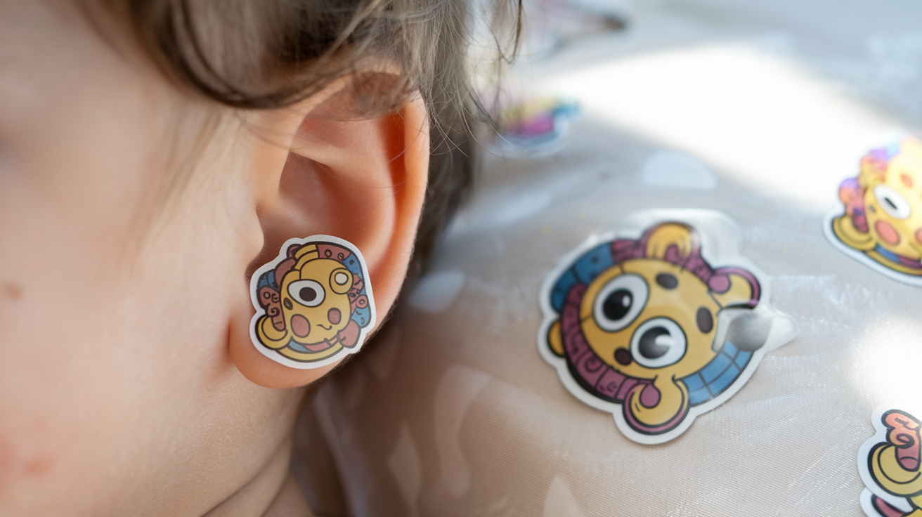 Flapoorstickers review - Lees Dit Eerst 3 Create a realistic image of a close-up view of a child's ear with a colorful, cartoon-style sticker placed on the earlobe, surrounded by various other fun stickers scattered on a light-colored surface nearby, with soft, natural lighting highlighting the sticker's vibrant design and the ear's details.