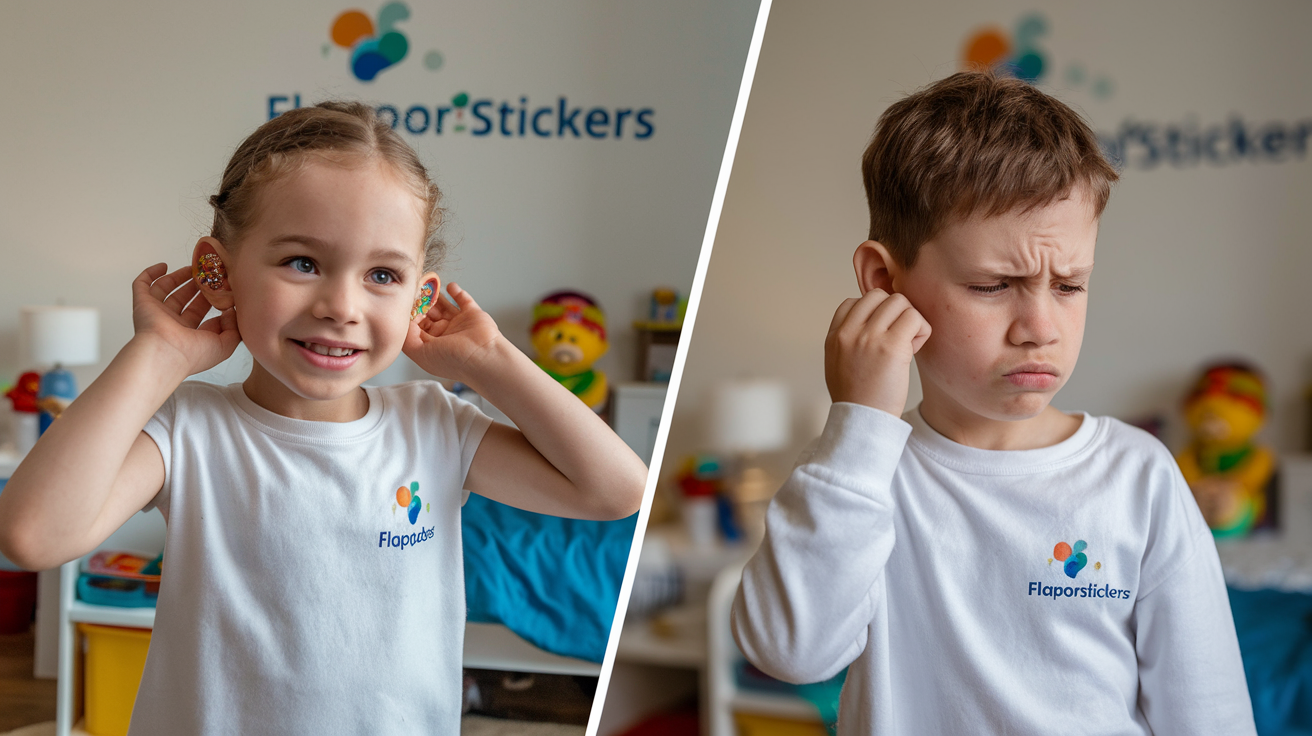 Flapoorstickers review - Lees Dit Eerst 4 Create a realistic image of a split-screen layout showing two scenarios: on the left, a smiling white female child wearing colorful ear stickers, representing the advantages; on the right, a frowning white male child touching his ear with slight redness, representing the disadvantages. Both children are in a well-lit bedroom setting with toys and a "Flapoorstickers" logo visible in the background.