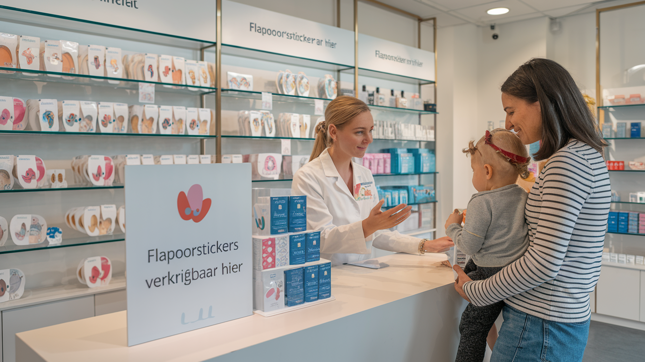 Flapoorstickers review - Lees Dit Eerst 5 Create a realistic image of a Dutch pharmacy interior with shelves displaying colorful ear stickers (Flapoorstickers) in various designs, a white female pharmacist behind the counter explaining the product to a young mother with a child, and a sign in Dutch saying "Flapoorstickers verkrijgbaar hier" (Flapoorstickers available here) prominently displayed.