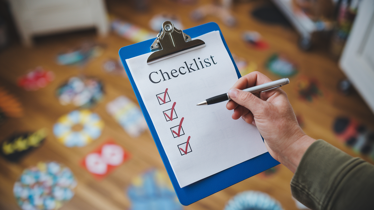 Flapoorstickers review - Lees Dit Eerst 6 Create a realistic image of a hand holding a clipboard with a checklist and a pen, with a blurred background showing various colorful floor stickers in a home setting. The checklist should have several items ticked off, suggesting a conclusion or final assessment.