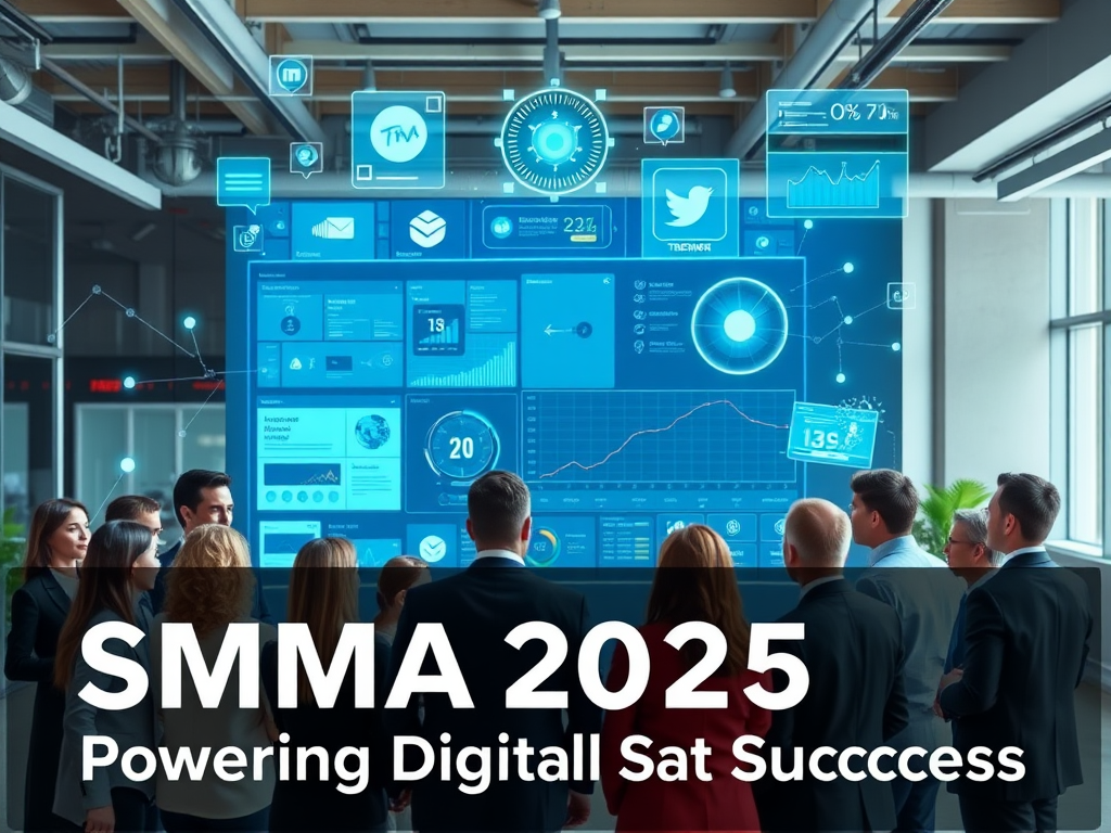 Create a realistic image of a diverse group of business professionals gathered around a large touchscreen display showing various social media platforms and analytics dashboards, with holographic projections of trending topics and AI-driven marketing tools floating above. The background should be a modern, open-plan office with futuristic elements. Include the text "SMMA 2025: Powering Digital Success" prominently displayed.