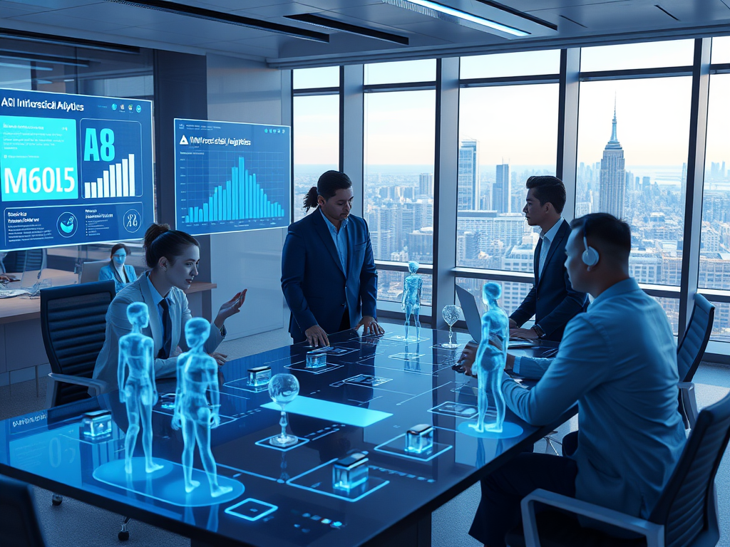 Create a realistic image of a futuristic office space with holographic displays showing social media analytics, a diverse team of professionals (including white male, black female, and Asian male) collaborating around a central smart table, advanced AI assistants visible as translucent figures, and a cityscape visible through large windows, all bathed in cool blue lighting to represent the digital landscape of 2025.