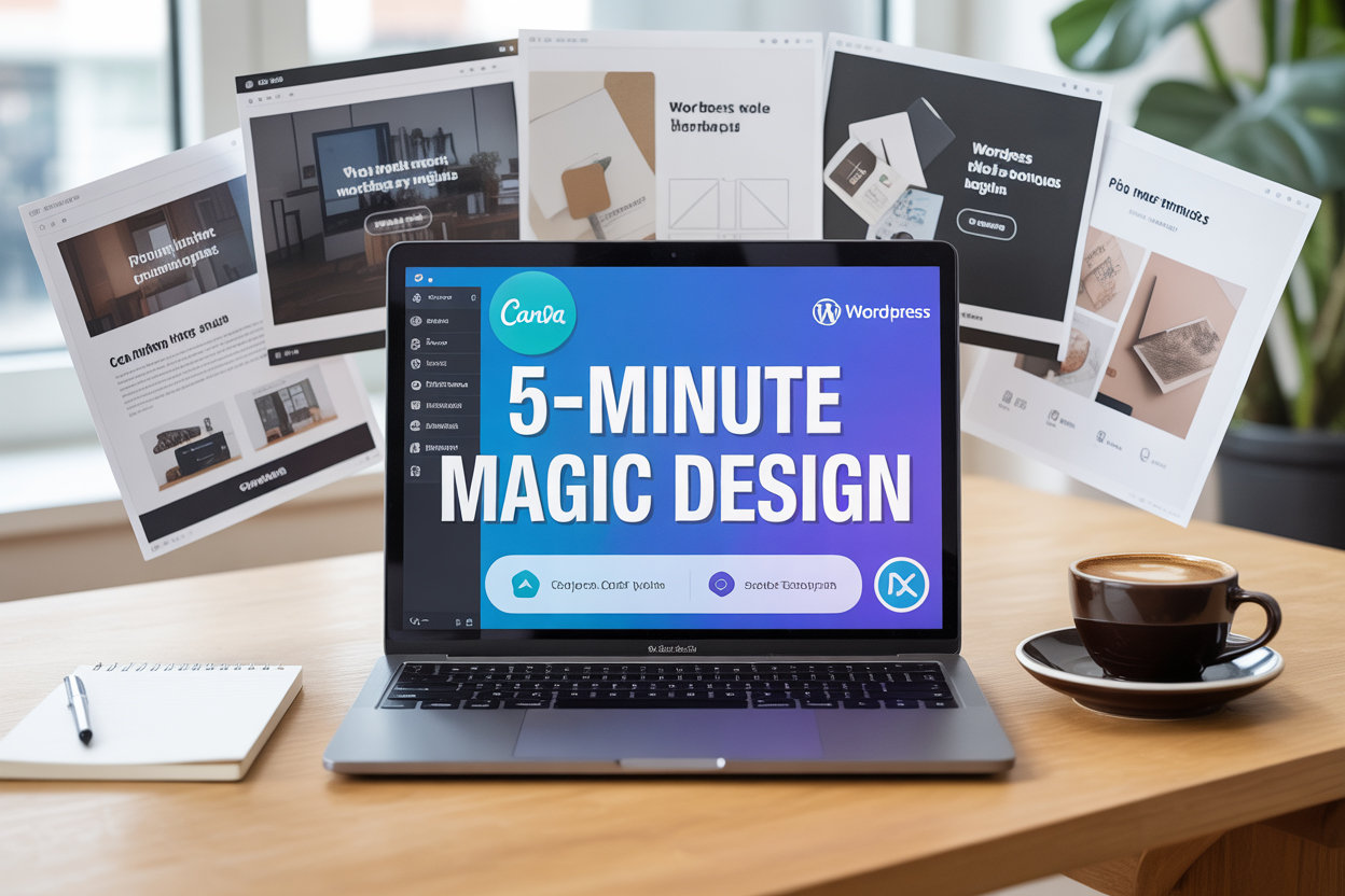 Create a realistic image of a modern workspace setup with a laptop displaying the Canva interface showing Magic Tools features, surrounded by WordPress website mockups and design elements floating in the air, with a clean white desk, coffee cup, and notepad, professional lighting from a window, and the text "5-Minute Magic Design" prominently displayed as an overlay.