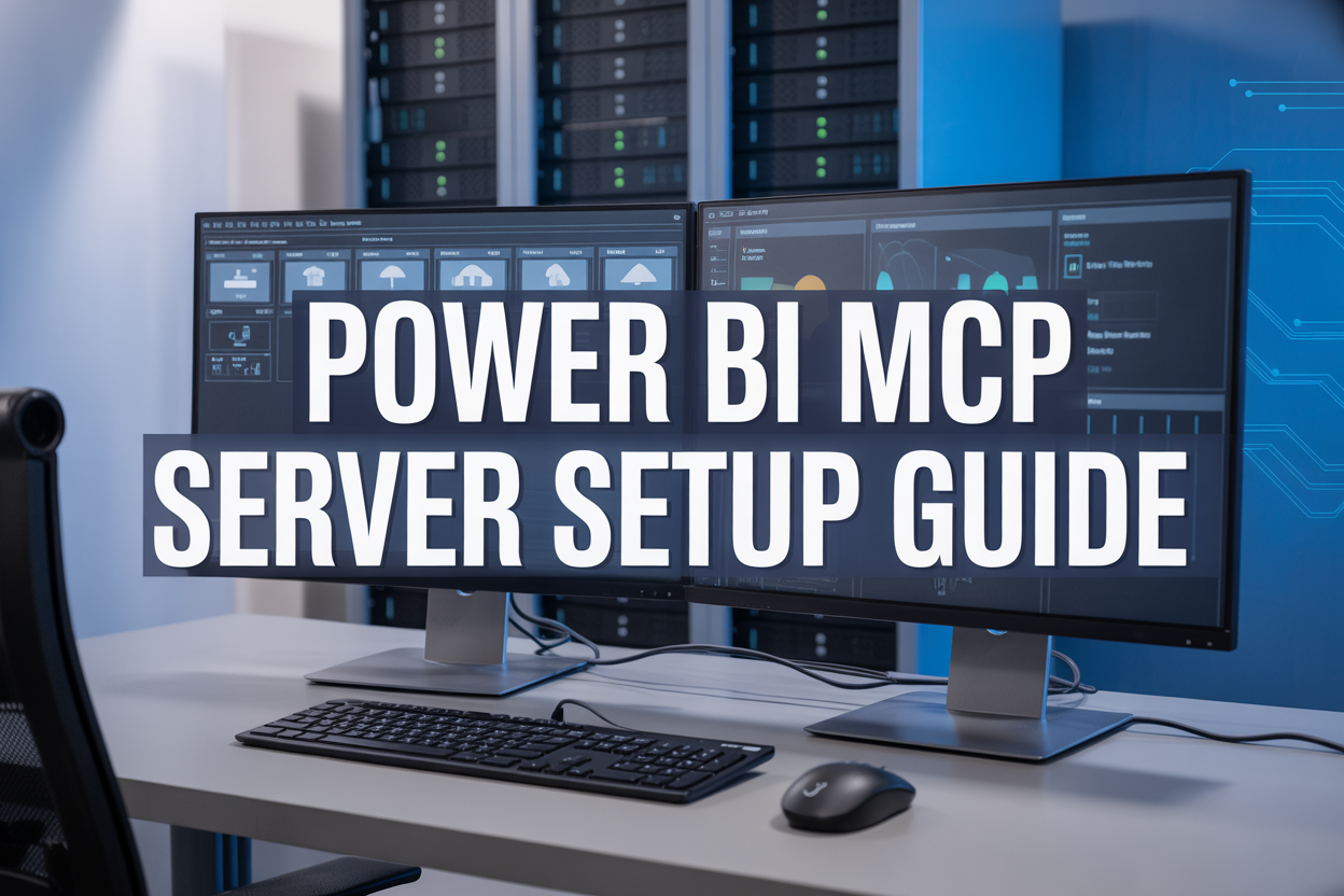 Create a realistic image of a modern computer workstation with dual monitors displaying Power BI dashboards and server configuration interfaces, with a sleek server rack visible in the background, professional office lighting, clean workspace with keyboard and mouse, and bold text overlay reading "Power BI MCP Server Setup Guide" in white and blue colors against a subtle tech-themed background with circuit patterns.