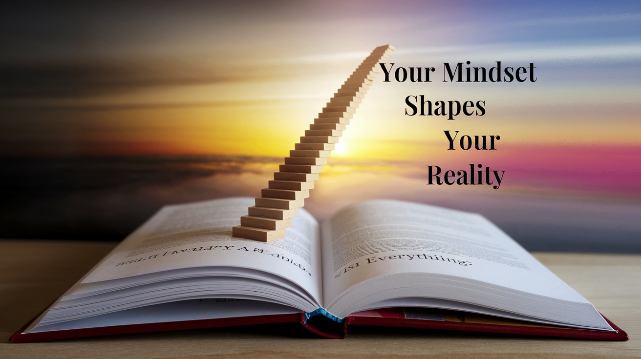 Create a realistic image of an open book with the title "Attitude Is Everything" visible on the page, with a small staircase made of building blocks rising from the pages toward a bright sunrise, symbolizing personal growth and transformation, all set against a backdrop that transitions from darker tones on one side to vibrant, hopeful colors on the other, with the text "Your Mindset Shapes Your Reality" appearing as if it's emerging from the pages.