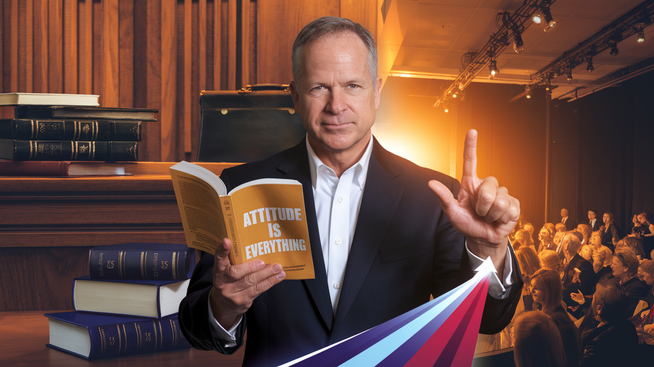 Create a realistic image of a middle-aged white male transitioning from a formal courtroom setting with law books and a briefcase to a vibrant stage with a microphone and audience, symbolizing the journey from lawyer to motivational speaker, with an open copy of "Attitude Is Everything" prominently displayed, warm lighting highlighting his confident, inspiring expression as he gestures toward an upward path visual metaphor.