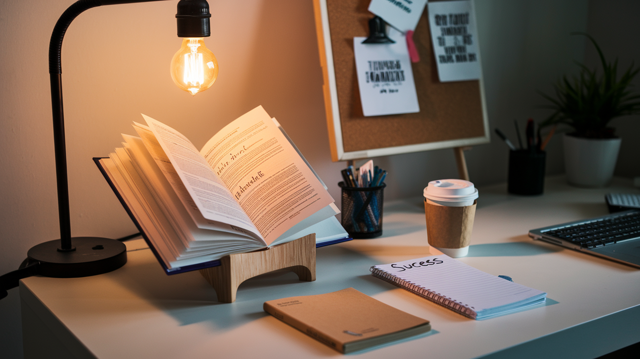 Create a realistic image of an open mindset-related book with a light bulb illuminating above it, casting a warm glow on a professional desk setup with a notepad showing "Success" written at the top, a coffee cup nearby, and motivational quotes visible on a corkboard in the background, all in a well-lit home office environment conveying inspiration and personal development.