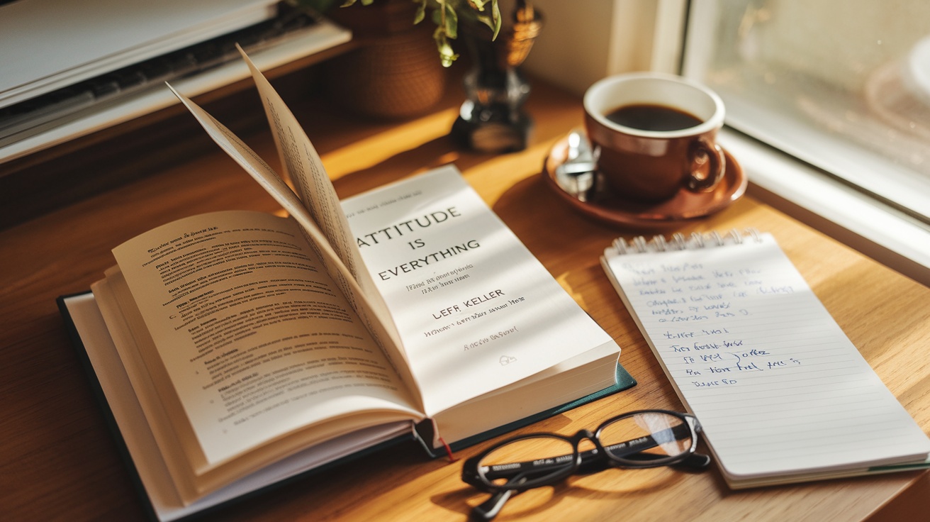 Create a realistic image of an open hardcover book titled "Attitude Is Everything" by Jeff Keller, with visible chapter headings or a table of contents showing the book's structure, sitting on a wooden desk with reading glasses, a notepad with handwritten notes, and a cup of coffee nearby, lit by warm natural light from a nearby window.
