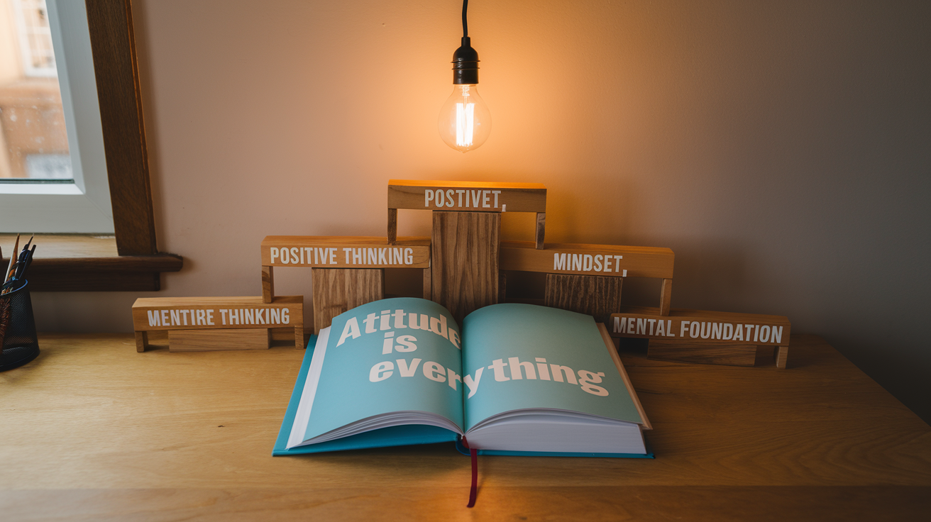 Create a realistic image of an open book with "Attitude Is Everything" on the cover, surrounded by building blocks labeled with key principles like "Positive Thinking," "Mindset," and "Mental Foundation," with a lightbulb illuminating above the book symbolizing enlightenment, all set on a clean desk with warm, inspirational lighting.