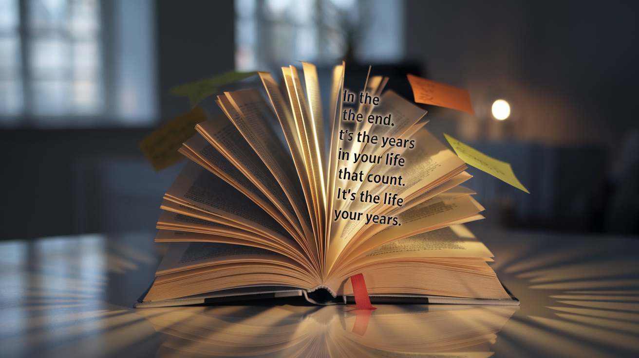 Create a realistic image of an open book with powerful, glowing words emerging from its pages, casting reflective shadows on a surface, symbolizing how words impact our attitudes and perspectives, with sticky notes marking key passages, all illuminated by soft, inspirational lighting in a studious environment.
