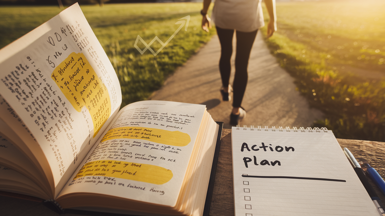 Create a realistic image of an open book with highlighted passages and a notepad beside it containing an action plan, with a determined-looking person of any race or gender in the background taking a step forward on a path symbolizing progress, warm lighting suggesting optimism, and subtle visual elements representing attitude transformation and personal growth.
