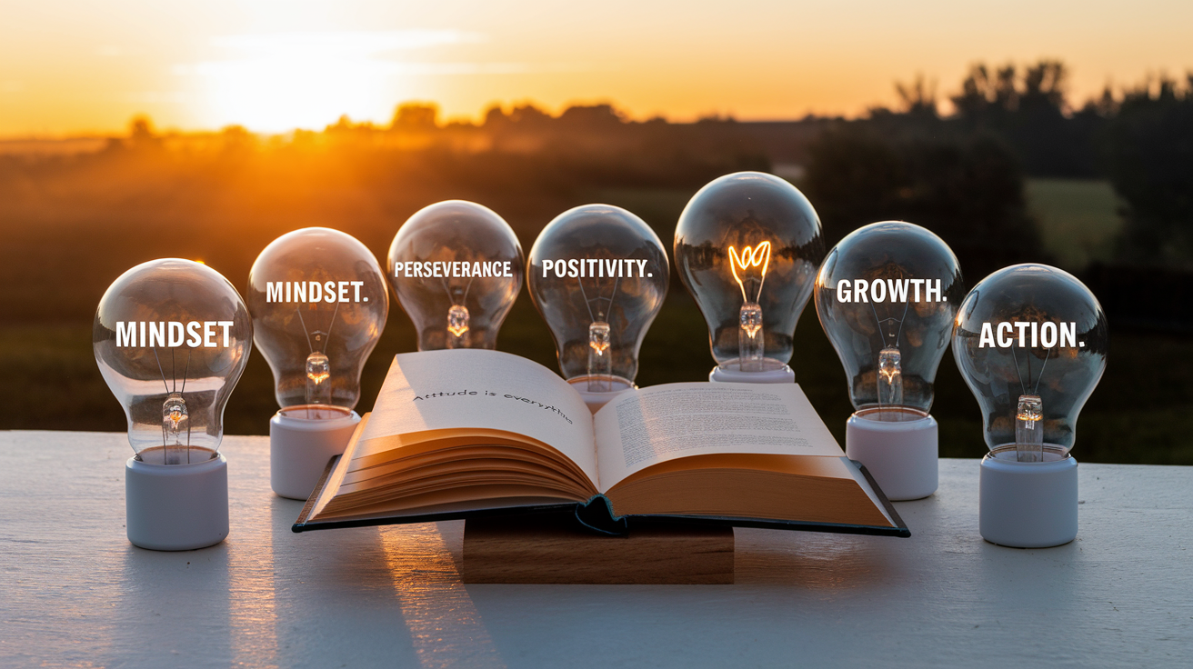 Create a realistic image of an open book with "Attitude Is Everything" visible on the page, surrounded by five glowing light bulbs arranged in a semi-circle, each with a different word etched on it: "Mindset," "Perseverance," "Positivity," "Growth," and "Action," against a backdrop of a sunrise symbolizing transformation, with warm golden light illuminating the scene.