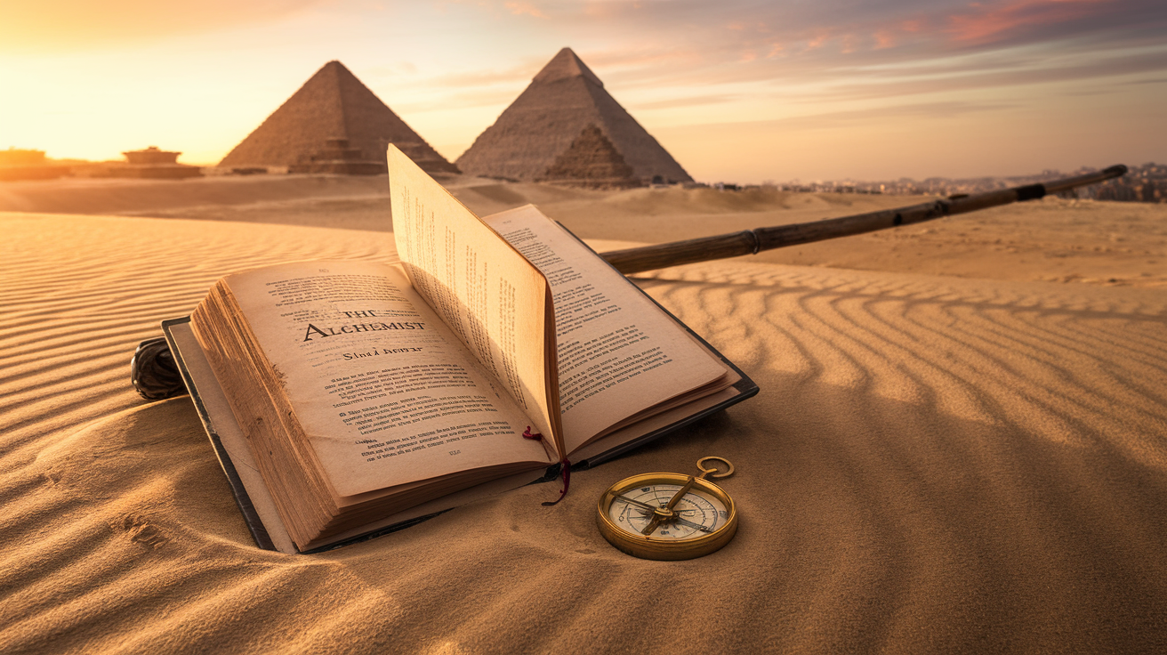 Create a realistic image of an open, weathered copy of "The Alchemist" book resting on desert sand with the Egyptian pyramids in the distant background, a shepherd's staff leaning against the book, and a golden compass nearby symbolizing Santiago's journey. Warm sunset lighting casts long shadows across the scene, creating a mystical atmosphere that reflects the novel's themes of personal discovery and destiny.