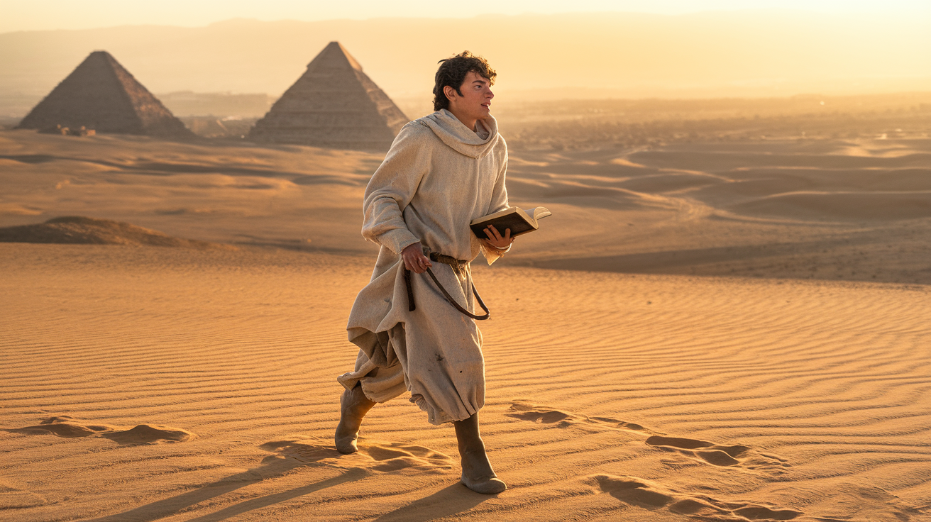 Create a realistic image of a young white male shepherd named Santiago walking alone across a vast desert landscape with a book in hand, his face expressing wonder and determination, with pyramids visible in the distant horizon, warm golden sunlight casting long shadows, symbolizing his journey of self-discovery in "The Alchemist."