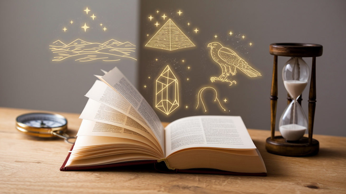 Create a realistic image of an open copy of "The Alchemist" by Paulo Coelho on a wooden table, with key symbols from the book floating above the pages - a desert landscape, a shimmering pyramid, a crystal, and a falcon, each illuminated in golden light to represent the themes of personal legend, following dreams, and spiritual journey. A compass and an hourglass sit beside the book, symbolizing direction and time.