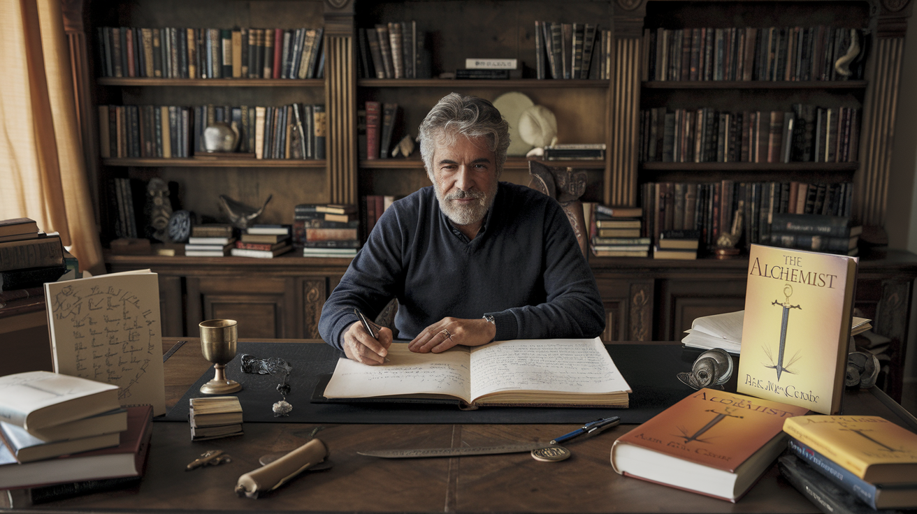 Create a realistic image of Paulo Coelho, an older white male author with a beard, sitting at a vintage wooden desk with manuscript pages and a pen, surrounded by his published books including "The Alchemist," with soft warm lighting creating a contemplative atmosphere, bookshelves in the background, and subtle symbols of alchemy and spirituality discreetly placed throughout the scene.