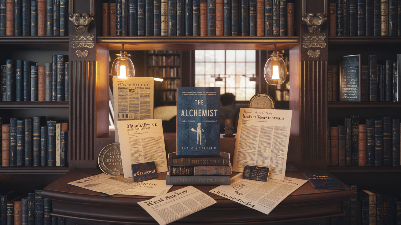 Create a realistic image of an elegant bookshelf with "The Alchemist" prominently displayed among other literary classics, surrounded by critical review clippings from newspapers and literary journals, warm ambient lighting highlighting award medals nearby, with a sophisticated reading area in the background suggesting the novel's scholarly appreciation and cultural significance.