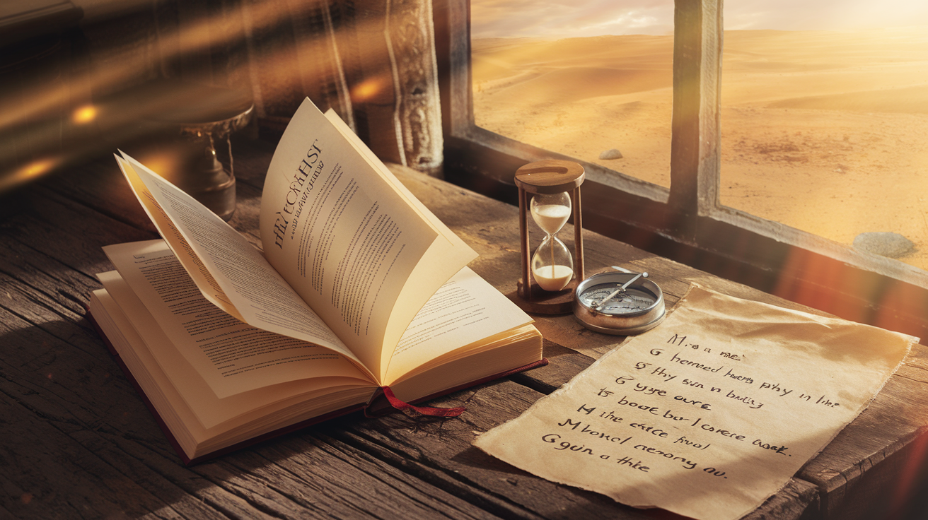 Create a realistic image of an open copy of "The Alchemist" book by Paulo Coelho lying on a rustic wooden table, with key life lessons written on parchment paper beside it, a small hourglass, a compass, and a desert landscape visible through a nearby window, with warm golden sunlight streaming in, creating a contemplative, inspiring atmosphere.
