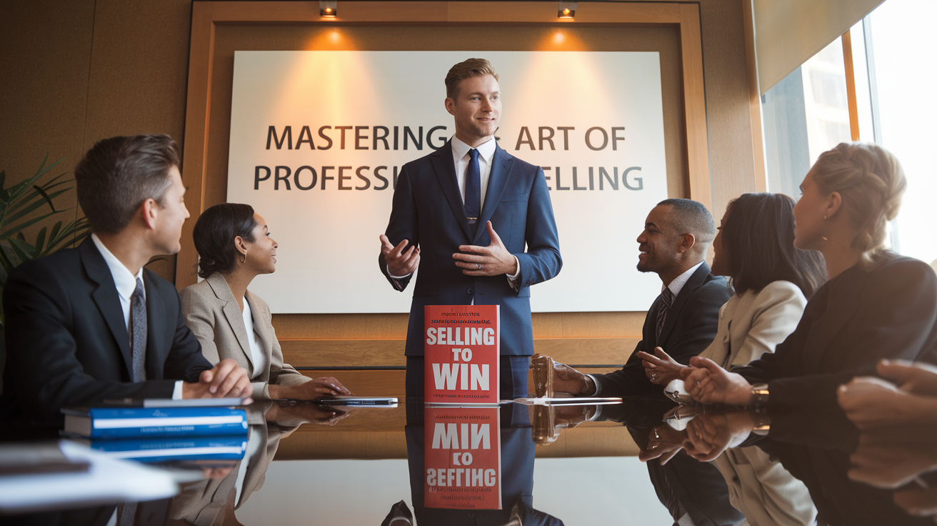 Create a realistic image of a professional sales meeting with a white male in a business suit confidently presenting to diverse clients, with Richard Denny's book "Selling To Win" prominently displayed on the conference table, warm lighting creating an atmosphere of success, and "Mastering the Art of Professional Selling" visible as text in the background.