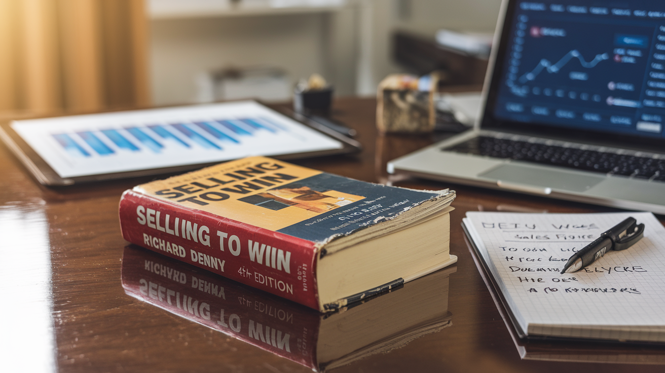 Create a realistic image of a well-worn, dog-eared copy of "Selling To Win" by Richard Denny, 4th Edition, placed on a polished wooden desk alongside modern sales analytics charts, a laptop showing sales figures, and a notepad with handwritten sales strategies, symbolizing the enduring legacy and continued relevance of Denny's sales methodology in today's business environment, with warm, professional lighting highlighting the book's title.