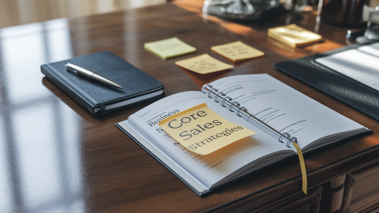 Create a realistic image of an open business book with "Core Sales Strategies" highlighted on the page, surrounded by sales tools like a professional notebook, sleek pen, and sticky notes with key points, all arranged on a polished wooden desk with soft natural lighting creating a studious atmosphere.