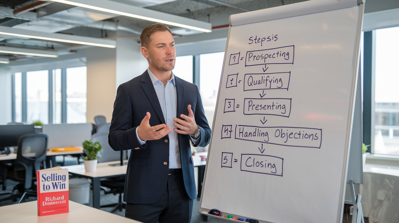 Create a realistic image of a professional white male sales manager standing at a whiteboard explaining a sales process flowchart with clear steps like prospecting, qualifying, presenting, handling objections, and closing, with a modern office setting in the background, soft natural lighting, and a copy of "Selling To Win" by Richard Denny visible on a nearby desk.