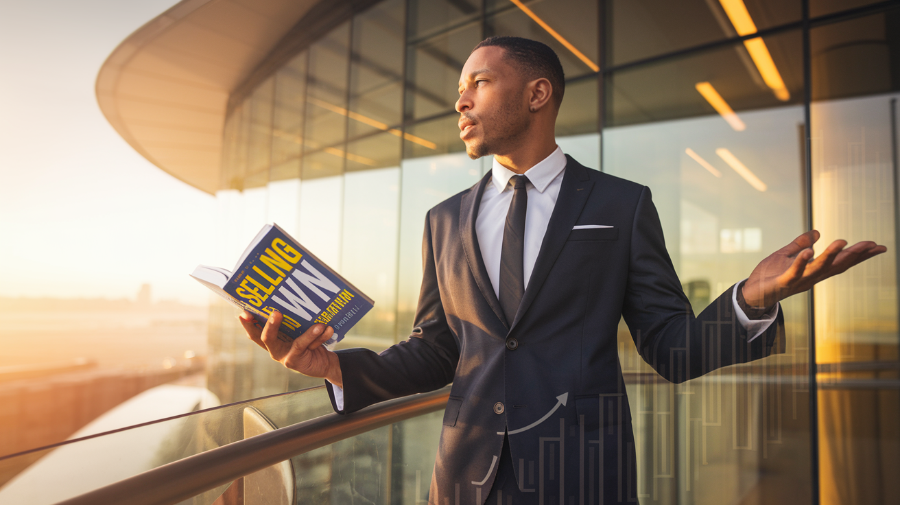 Create a realistic image of a professional black male in a sharp business suit standing confidently at the edge of a modern office building, holding Richard Denny's book "Selling To Win" in one hand while gesturing with the other, with a view of a cityscape in the background, warm lighting casting a golden glow suggesting success and achievement, subtle visual elements of a sales chart trending upward on a glass wall nearby.