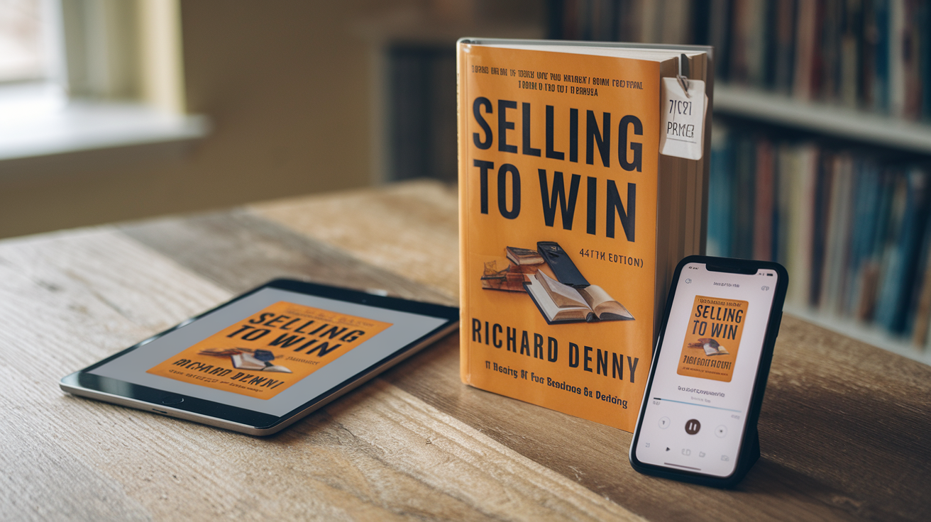 Create a realistic image of the book "Selling To Win" by Richard Denny (4th Edition) displayed on a wooden desk with a bookstore price tag visible, alongside a tablet showing an e-book version and a smartphone displaying an audiobook app, with soft natural lighting highlighting the book's cover and a blurred bookshelf in the background.