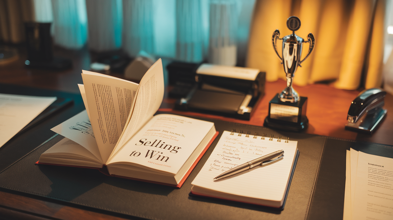 Create a realistic image of an open book titled "Selling To Win" by Richard Denny on a professional wooden desk with a notepad containing handwritten notes, a sleek pen, and a small trophy symbolizing success, illuminated by warm office lighting, conveying a sense of accomplishment and practical sales wisdom.