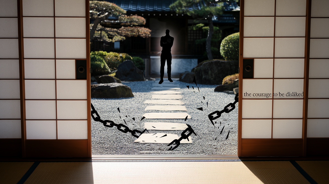 Create a realistic image of an open door with light streaming through it, representing freedom and choice, with a silhouette of a person standing confidently at the threshold, surrounded by symbolic chains that are breaking apart, with a serene Japanese garden visible in the background, and the text "The Courage to Be Disliked" appearing subtly in the corner of the image.