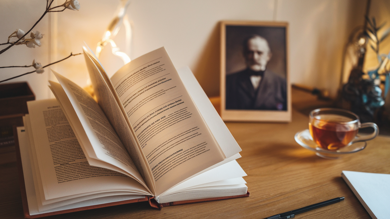 Create a realistic image of an open psychology book with Adlerian psychology concepts visible on the pages, alongside a small portrait of Alfred Adler, set on a wooden desk with soft, warm lighting, a cup of tea nearby, and subtle Japanese aesthetic elements reflecting the authors' background, conveying a thoughtful, introspective mood appropriate for self-help philosophy.