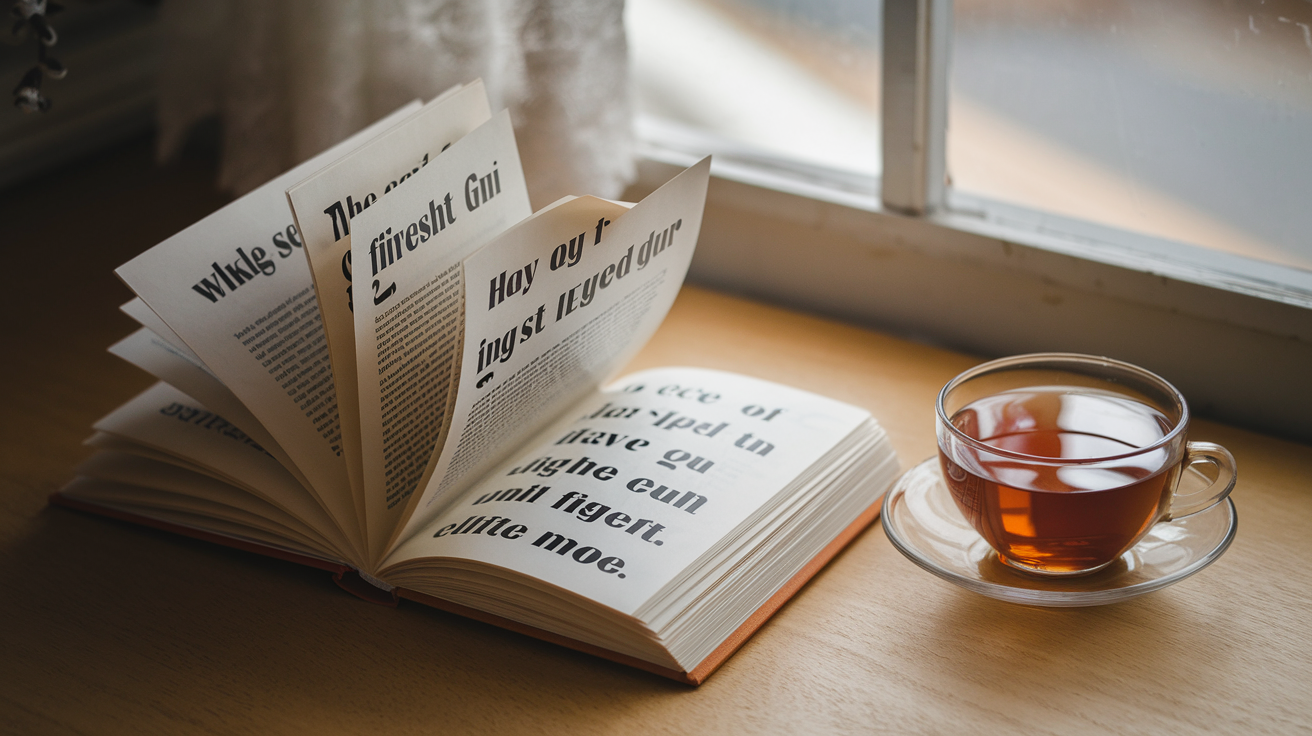 Create a realistic image of an open book with a unique dialogue format visible on its pages, sitting on a wooden desk beside a cup of tea, with soft natural lighting coming through a window, creating a contemplative atmosphere that reflects the philosophical conversation style of "The Courage to be Disliked."