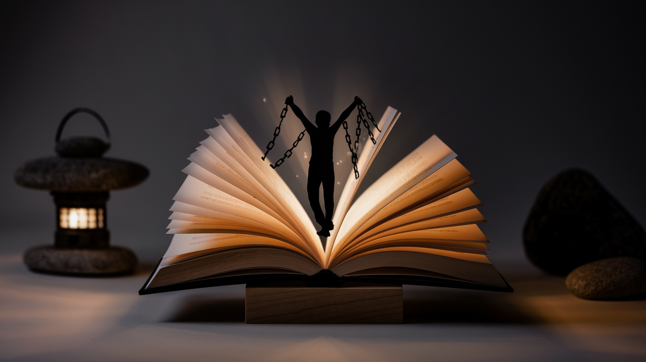 Create a realistic image of an open book with illuminated pages casting light on a silhouette of a person breaking free from chains, symbolizing transformation of perspective, with Japanese-inspired minimalist design elements, soft lighting creating a contemplative mood, and subtle visual metaphors of courage and self-acceptance in the background.