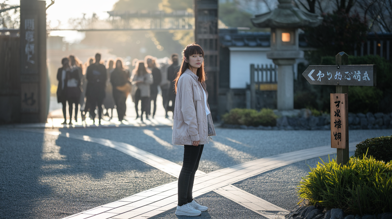 Create a realistic image of a young Asian female standing confidently at a crossroads where one path follows a crowd of silhouetted figures while she faces the less-traveled path, symbolizing challenging conventional thinking, with soft golden lighting creating an inspirational atmosphere and subtle Japanese aesthetic elements in the background that reference the book's cultural origins.