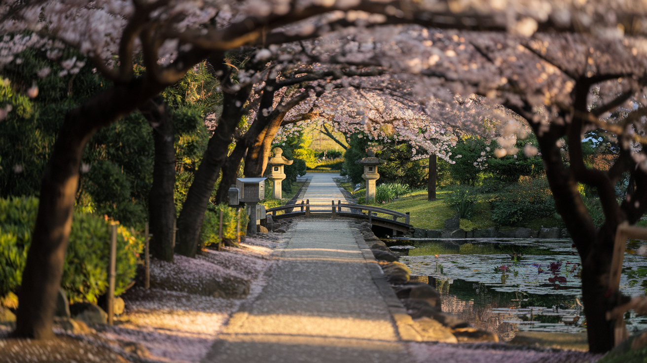 Create a realistic image of a serene Japanese garden path leading towards a bright clearing, with cherry blossoms falling gently, symbolizing the journey to authentic happiness, featuring traditional stone lanterns, a small wooden bridge over a calm pond, and soft, warm light filtering through trees, conveying a sense of peace and self-discovery.