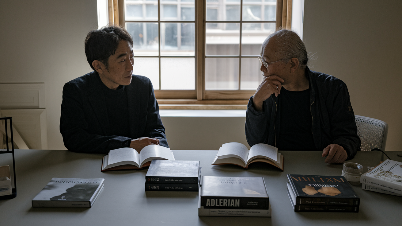 Create a realistic image of two Japanese males - one older (Ichiro Kishimi) and one younger (Fumitake Koga) - sitting at a minimalist desk with philosophical books, particularly Adlerian psychology texts, open before them, engaged in thoughtful conversation, with soft natural lighting coming through a window, creating a contemplative atmosphere that reflects their role as authors of philosophical work.