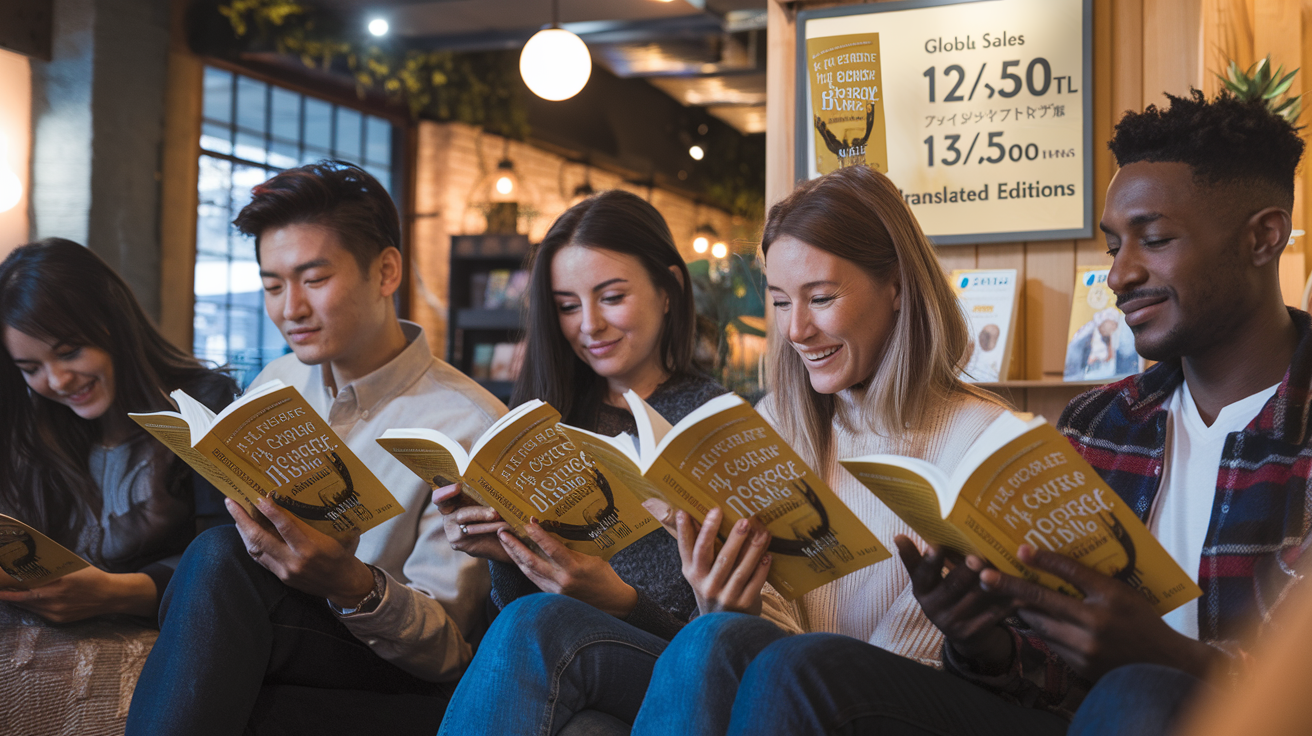 Create a realistic image of a diverse group of readers (Asian male, white female, black male) engrossed in copies of "The Courage to Be Disliked" book, sitting in a cozy bookstore with Japanese and Western design elements, soft warm lighting highlighting positive expressions on their faces, with a wall display showing the book's global sales figures and translated editions.