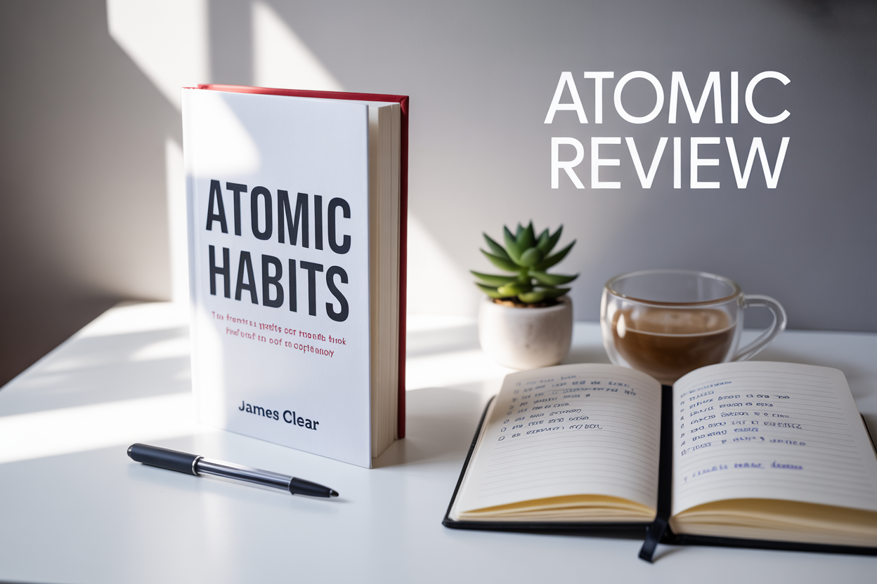 Create a realistic image of a hardcover copy of "Atomic Habits" by James Clear positioned at a slight angle on a clean white desk, with a black pen, an open notebook showing handwritten notes about habit formation, small potted succulent plant, and a coffee cup in the background, soft natural lighting from the left side creating gentle shadows, professional and inspiring mood for productivity and self-improvement, with the text "ATOMIC HABITS REVIEW" displayed in modern sans-serif font in the upper portion of the image.