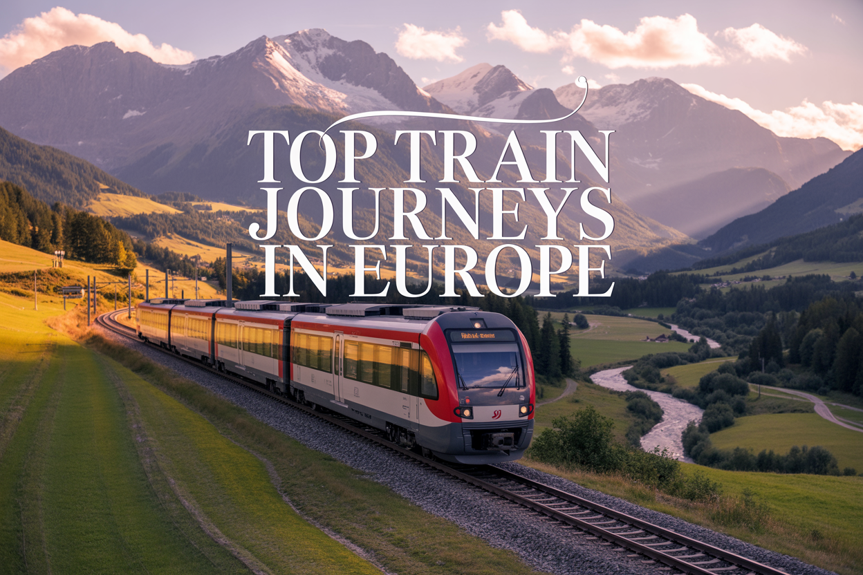 Create a realistic image of a modern European train traveling through a picturesque Alpine landscape with snow-capped mountains in the background, green valleys and a winding river below, golden hour lighting casting warm tones across the scene, railway tracks curving through the mountainous terrain, with elegant text overlay reading "Top Train Journeys in Europe" in a sophisticated white font with subtle shadow effects positioned in the upper portion of the image.