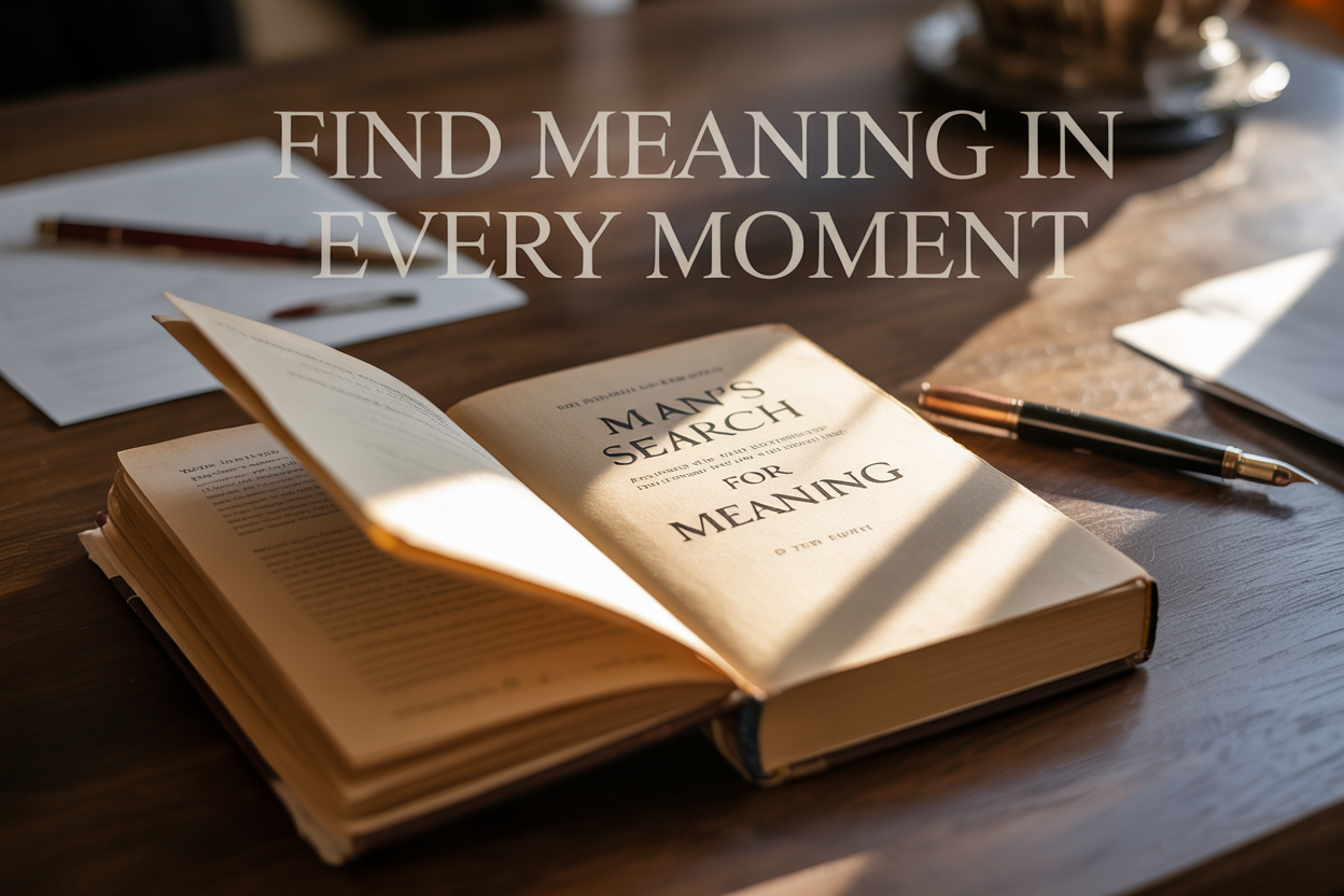 Create a realistic image of a worn copy of "Man's Search for Meaning" book lying open on a wooden desk with soft, warm lighting casting gentle shadows across the pages, surrounded by a few scattered notes and a fountain pen, with the text "Find Meaning in Every Moment" elegantly overlaid in serif font across the upper portion of the image, creating a contemplative and inspiring atmosphere that conveys philosophical depth and personal transformation.