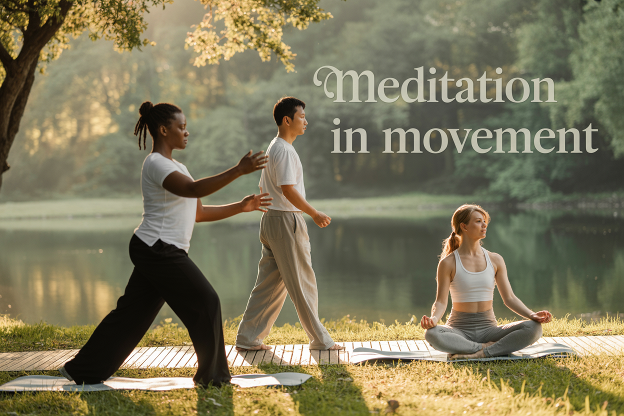 Create a realistic image of a diverse group of three people practicing different forms of moving meditation in a serene outdoor setting with soft natural lighting - a black female in flowing clothes doing tai chi movements in the foreground, an Asian male practicing walking meditation on a wooden path in the middle ground, and a white female doing gentle yoga flow poses on grass in the background, surrounded by green trees and peaceful nature with warm golden hour sunlight filtering through leaves, with elegant text overlay reading "Meditation in Movement" in modern, calming typography positioned in the upper portion of the image.