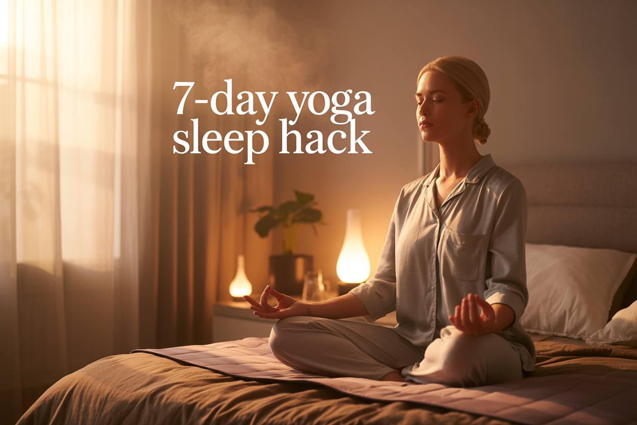Create a realistic image of a serene bedroom scene at dusk with soft, warm golden lighting filtering through sheer curtains, featuring a white female in her 30s sitting cross-legged on a yoga mat beside her bed in comfortable sleepwear, eyes gently closed in a meditative pose, with her hands resting on her knees in a mudra position, surrounded by calming elements including a small potted plant on the nightstand, a diffuser emitting gentle mist, and a softly glowing bedside lamp, with the text "7-Day Yoga Sleep Hack" elegantly overlaid in clean, modern font in the upper portion of the image, creating an atmosphere of tranquility and natural stress relief.